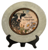 Galvanized Metal Round Charger Plate With Hanging Hook Decoupaged Farmhouse Country Wall Art Shelf Sitter WELCOME TO THE FARM COW Handmade Gift Idea - JAMsCraftCloset