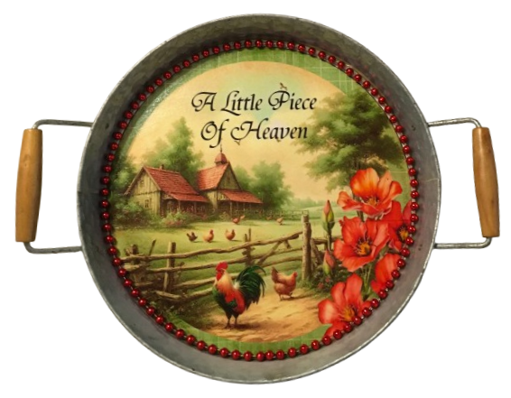 Galvanized Metal Round TRAY Farmhouse Country Shelf Sitter Wall Art A LITTLE PIECE OF HEAVEN Farm Chickens Floral Handmade Gift Idea &nbsp;- JAMsCraftCloset