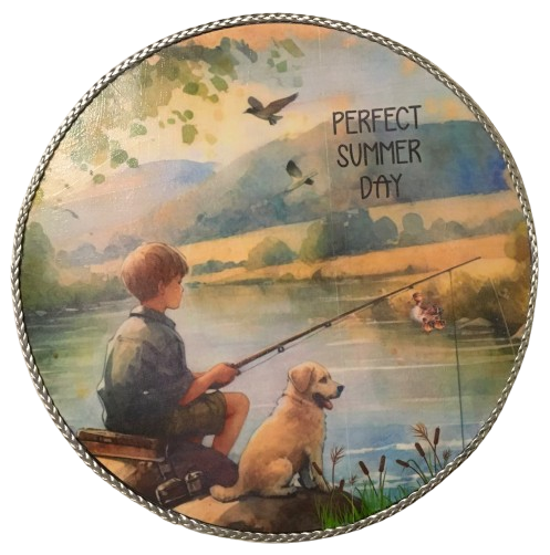 Decoupaged 33 1/3 Vinyl Record PERFECT SUMMER DAY Boy and Dog Fishing Wall Art Shelf Sitter Child's Room Decor Country Farmhouse Home Decor Gift Idea - JAMsCraftCloset
