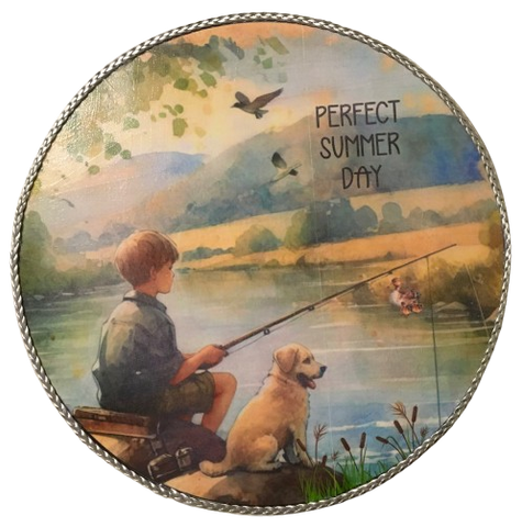 Decoupaged 33 1/3 Vinyl Record PERFECT SUMMER DAY Boy and Dog Fishing Wall Art Shelf Sitter Child's Room Decor Country Farmhouse Home Decor Gift Idea - JAMsCraftCloset