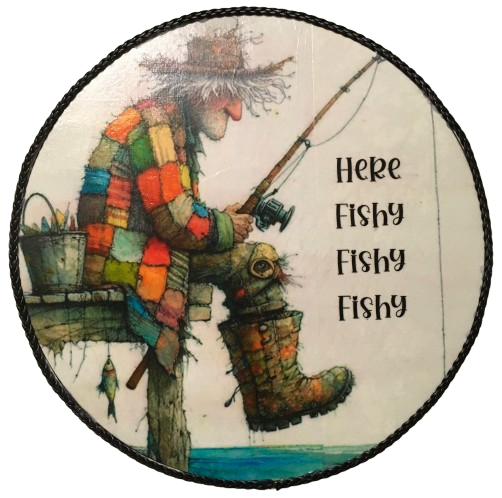 Decoupaged 33 1/3 Vinyl Record HERE FISHY FISHY FISHY Old Fisherman Fishing Wall Art Shelf Sitter Child's Room Decor Country Farmhouse Home Decor Gift Idea - JAMsCraftCloset