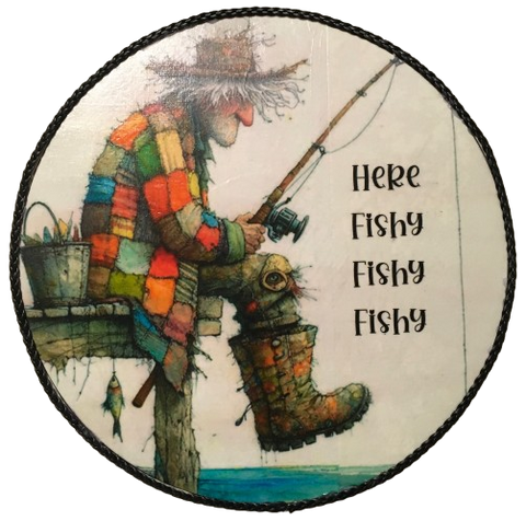 Decoupaged 33 1/3 Vinyl Record HERE FISHY FISHY FISHY Old Fisherman Fishing Wall Art Shelf Sitter Child's Room Decor Country Farmhouse Home Decor Gift Idea - JAMsCraftCloset