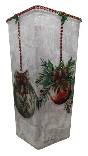 Glass VASE Decoupaged CHRISTMAS BULBS Shelf Sitter Co7untry Farmhouse Shabby Chic Victorian BoHo Decor Holiday Decor Gift Idea - JAMsCraftCloset