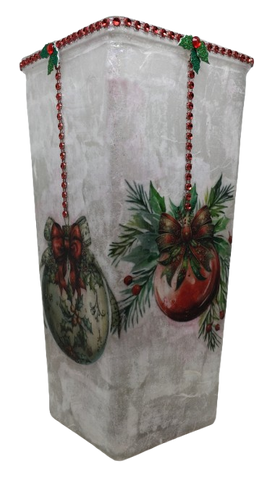 Glass VASE Decoupaged CHRISTMAS BULBS Shelf Sitter Co7untry Farmhouse Shabby Chic Victorian BoHo Decor Holiday Decor Gift Idea - JAMsCraftCloset
