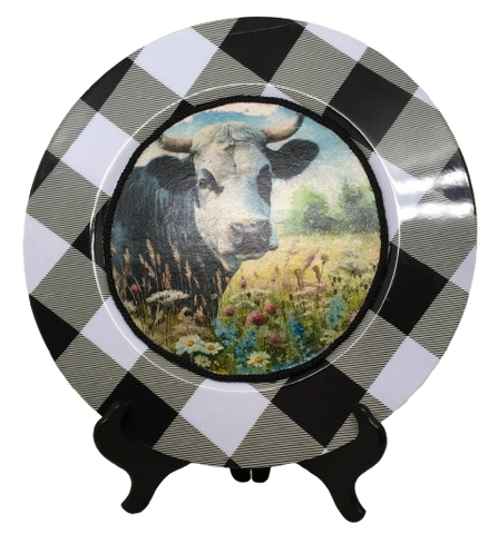 PLATE CHARGER BLACK AND WHITE PLAID PLASTIC ROUND DECOUPAGED Upcycled Repurposed Wall Art or Shelf Sitter COW SIDE FACE Kitchen Decor Home Decor Wall Art Gift WEDDING - JAMsCraftCloset