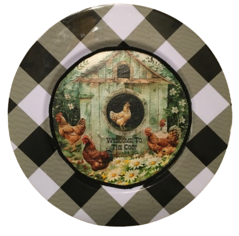PLATE CHARGER BLACK AND WHITE PLAID PLASTIC ROUND DECOUPAGED Upcycled Repurposed Wall Art or Shelf Sitter WELCOME TO THE COOP Kitchen Decor Home Decor Wall Art Gift WEDDING - JAMsCraftCloset