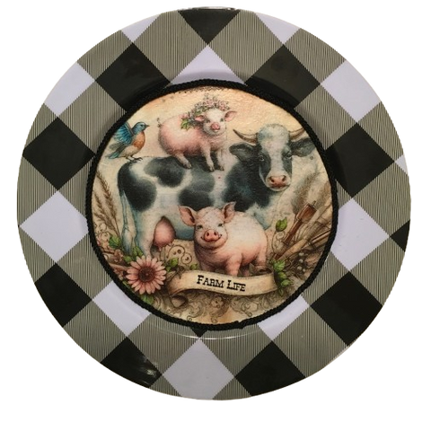 PLATE CHARGER BLACK AND WHITE PLAID PLASTIC ROUND DECOUPAGED Upcycled Repurposed Wall Art or Shelf Sitter FARM LIFE - COW PIGS BIRD Kitchen Decor Home Decor Wall Art Gift WEDDING - JAMsCraftCloset