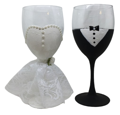 Stemware Glasses BRIDE and GROOM WINE Toasting Glasses WEDDING Hand Painted Black and White With Bling and Lace - JAMsCraftCloset