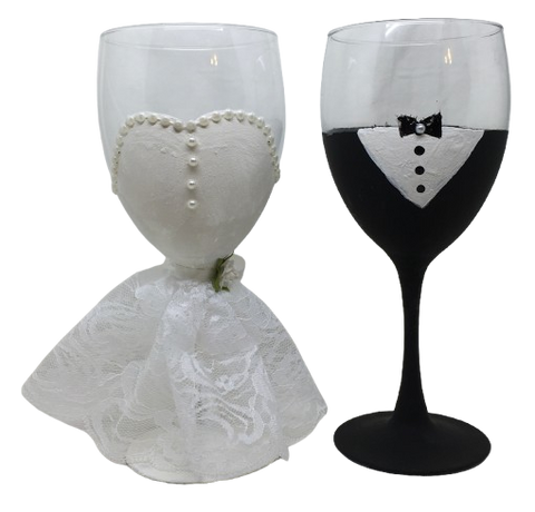 Stemware Glasses BRIDE and GROOM WINE Toasting Glasses WEDDING Hand Painted Black and White With Bling and Lace - JAMsCraftCloset