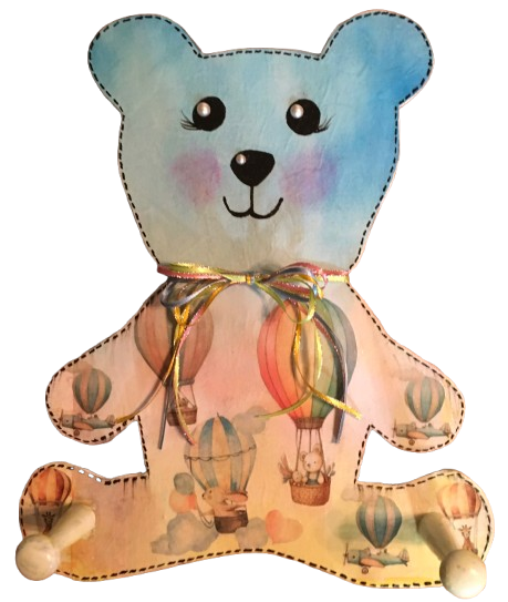 Wood Peg Bear - Hot Air Balloon Design - Child's Room or Nursery Decor - Decoupage - Wall Art - Storage - Gift Idea