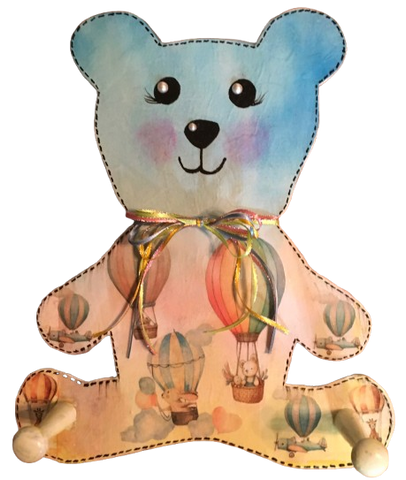 Wood Peg Bear - Hot Air Balloon Design - Child's Room or Nursery Decor - Decoupage - Wall Art - Storage - Gift Idea