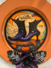 PLATE CHARGER ORANGE PLASTIC ROUND DECOUPAGED Upcycled Repurposed Wall Art or Shelf Sitter WICKED - WITCH'S BOOTS Halloween Decor Home Decor Gift {{ JAMsCraftCloset }}