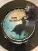 PLATE CHARGER BLACK PLASTIC ROUND DECOUPAGED Upcycled Repurposed Wall Art or Shelf Sitter WITCH ON LEDGE WITH BROOM Halloween Decor Home Decor Gift {{ JAMsCraftCloset }}