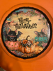 PLATE CHARGER ORANGE PLASTIC ROUND DECOUPAGED Upcycled Repurposed Wall Art or Shelf Sitter HAPPY HALLOWEEN PUMPKINS BAT MOUSE Halloween Decor Home Decor Gift {{ JAMsCraftCloset }}