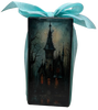 GLASS RECTANGLE BLOCK Halloween Decor Shelf Sitter Hand Painted Decoupaged HAUNTED HOUSES - REVERSIBLE Aqua Bow Gift Idea - JAMsCraftCloset