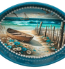 SMALL METAL AQUA OVAL CAKE PAN Beach Coastal Home Decor BOAT FENCE AQUA BLUE WHITE FLOWERS Wall Art Shelf Sitter DECOUPAGE Handmade Gift Idea {{ JAMsCraftCloset }}