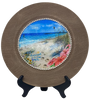 PLATE CHARGER LIGHT BROWN WOOD GRAIN PLASTIC ROUND DECOUPAGED Upcycled Repurposed Wall Art or Shelf Sitter HAPPIEST BY THE SEA Beach Coastal Home Decor Gift - JAMsCraftCloset