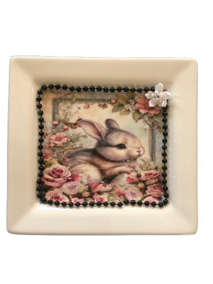 Heavy Ceramic Square Dish Wall Art EASTER Bunny With Bow and Flowers Home Decor Nursery Decor Handmade Decor Gift Idea &nbsp;- JAMsCraftCloset