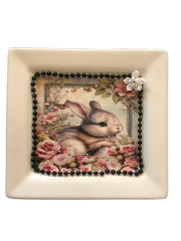 Heavy Ceramic Square Dish Wall Art EASTER Bunny With Bow and Flowers Home Decor Nursery Decor Handmade Decor Gift Idea &nbsp;- JAMsCraftCloset