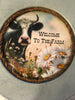Galvanized Metal Round Charger Plate With Hanging Hook Decoupaged Farmhouse Country Wall Art Shelf Sitter WELCOME TO THE FARM COW Handmade Gift Idea - JAMsCraftCloset