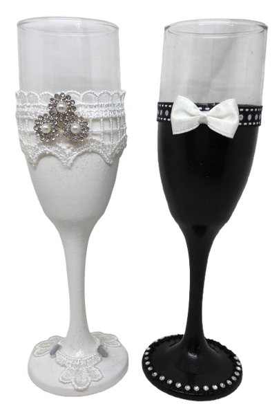 Stemware Glasses BRIDE and GROOM Toasting Glasses Hand Painted Black and White With Bling and Lace Barware Bar Decor Drinkware Kitchen Decor Country Decor Gift One of a Kind - JAMsCraftCloset