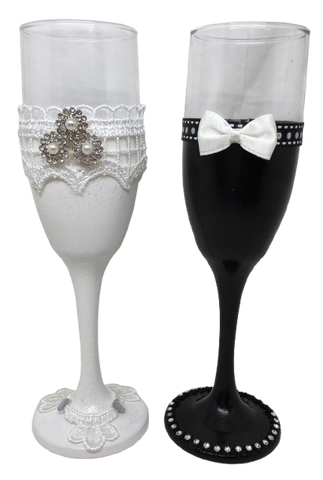 Stemware Glasses BRIDE and GROOM Toasting Glasses Hand Painted Black and White With Bling and Lace Barware Bar Decor Drinkware Kitchen Decor Country Decor Gift One of a Kind - JAMsCraftCloset