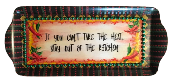 TRAY RED GREEN BLACK STRIPED Plastic Rectangle Decoupaged Upcycled Repurposed KITCHEN Theme IF YOU CAN'T TAKE THE HEAT Wall Art Shelf Sitter Decor Gift - JAMsCraftCloset