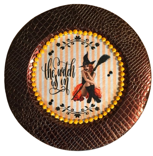 CHARGER PLATE COPPER SNAKESKIN PLASTIC ROUND - THE WITCH IS IN - DECOUPAGE Upcycled Repurposed Wall Art or Shelf Sitter Halloween Holiday Home Decor Gift - JAMsCraftCloset