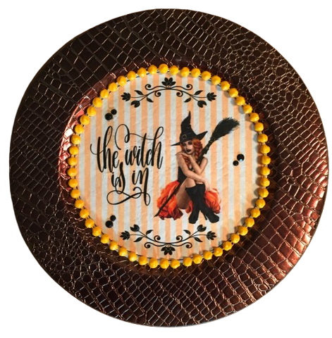 CHARGER PLATE COPPER SNAKESKIN PLASTIC ROUND - THE WITCH IS IN - DECOUPAGE Upcycled Repurposed Wall Art or Shelf Sitter Halloween Holiday Home Decor Gift - JAMsCraftCloset