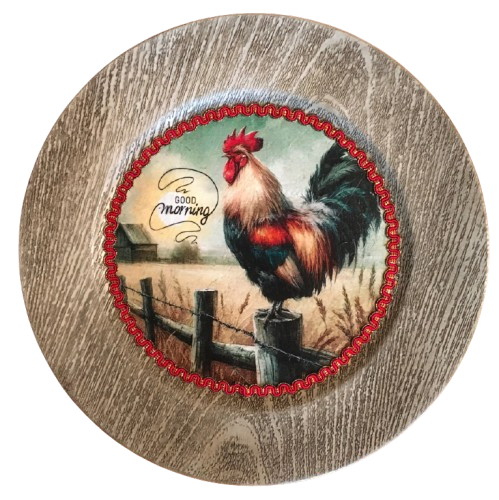CHARGER PLATE GRAYISH BROWN WOODGRAIN PLASTIC ROUND - GOOD MORNING - ROOSTER - DECOUPAGE Upcycled Repurposed Wall Art or Shelf Sitter KITCHEN Home Decor Gift - JAMsCraftCloset