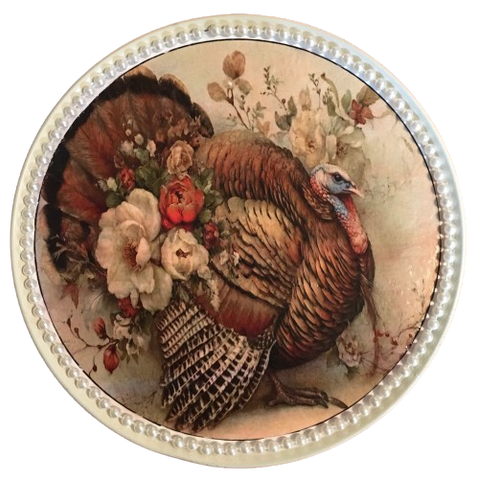 Pizza Pan TAN With Turkey and Flowers Farmhouse Country Home THANKSGIVING Decor Wall Art Shelf Sitter Handmade Decoupaged Repurposed Upcycled Gift Idea - JAMsCraftCloset