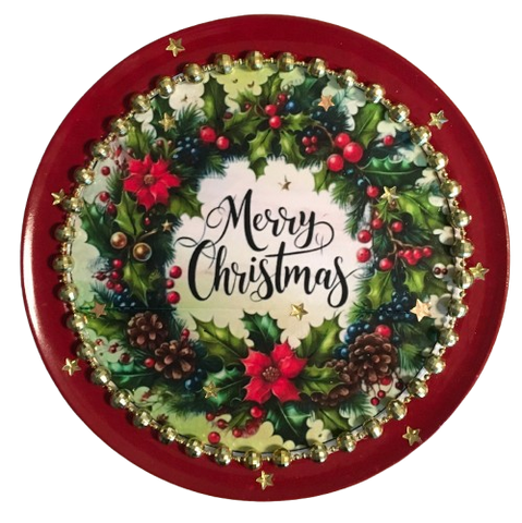 Pizza Pan Red MERRY CHRISTMAS WREATH WITH STARS Farmhouse Country Home CHRISTMAS Decor Wall Art Shelf Sitter Handmade Hand Painted Repurposed Upcycled Gift Idea - JAMsCraftCloset
