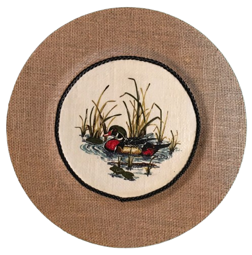 CHARGER PLATE Tan BURLAP Covered PLASTIC ROUND - DUCK SWIMMING LEFT - CRANSTON FABRIC PRINT DECOUPAGE Upcycled Wall Art - Shelf Sitter Man Cave Home Decor Gift - JAMsCraftCloset