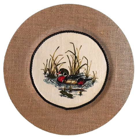 CHARGER PLATE Tan BURLAP Covered PLASTIC ROUND - DUCK SWIMMING LEFT - CRANSTON FABRIC PRINT DECOUPAGE Upcycled Wall Art - Shelf Sitter Man Cave Home Decor Gift - JAMsCraftCloset