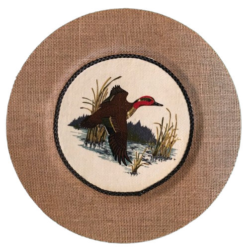 CHARGER PLATE Tan BURLAP Covered PLASTIC ROUND - DUCK FLYING RIGHT - CRANSTON FABRIC PRINT DECOUPAGE Upcycled Wall Art - Shelf Sitter Man Cave Home Decor Gift - JAMsCraftCloset