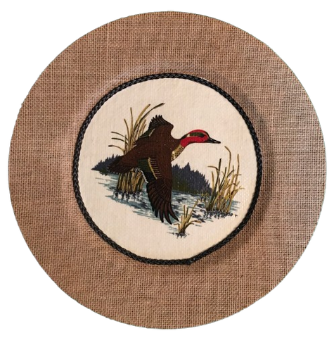 CHARGER PLATE Tan BURLAP Covered PLASTIC ROUND - DUCK FLYING RIGHT - CRANSTON FABRIC PRINT DECOUPAGE Upcycled Wall Art - Shelf Sitter Man Cave Home Decor Gift - JAMsCraftCloset