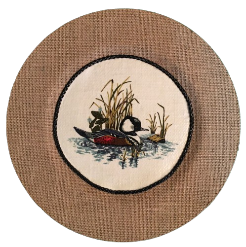 CHARGER PLATE Tan BURLAP Covered PLASTIC ROUND - DUCK SWIMMING RIGHT - CRANSTON FABRIC PRINT DECOUPAGE Upcycled Wall Art - Shelf Sitter Man Cave Home Decor Gift - JAMsCraftCloset