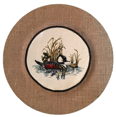 CHARGER PLATE Tan BURLAP Covered PLASTIC ROUND - DUCK SWIMMING RIGHT - CRANSTON FABRIC PRINT DECOUPAGE Upcycled Wall Art - Shelf Sitter Man Cave Home Decor Gift - JAMsCraftCloset