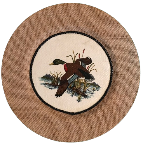 CHARGER PLATE Tan BURLAP Covered PLASTIC ROUND - DUCK FLYING LEFT - CRANSTON FABRIC PRINT DECOUPAGE Upcycled Wall Art - Shelf Sitter Man Cave Home Decor Gift - JAMsCraftCloset