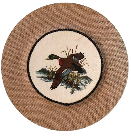 CHARGER PLATE Tan BURLAP Covered PLASTIC ROUND - DUCK FLYING LEFT - CRANSTON FABRIC PRINT DECOUPAGE Upcycled Wall Art - Shelf Sitter Man Cave Home Decor Gift - JAMsCraftCloset