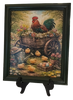 Vintage Wood Frame Decoupaged on Glass - Hen With Chicks in Wagon - Shelf Sitter Handmade Country Farm Decor Wall Art Gift - JAMsCraftCloset
