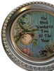 TRAY SHINY SILVER PLASTIC ROUND Decoupaged Hand Painted Upcycled Repurposed Wall Art THE MOST WONDERFUL TIME OF THE YEAR Home Decor Christmas Wall Art Gift - JAMsCraftCloset