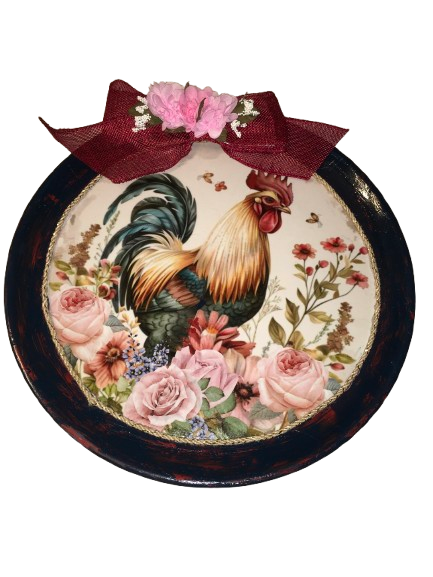 Dollar Tree Round Charger PLATE Farmhouse Country Wall Art Rooster With Pink Roses Handmade Gift Idea Crafters Delight {{ JAMsCraftCloset }}