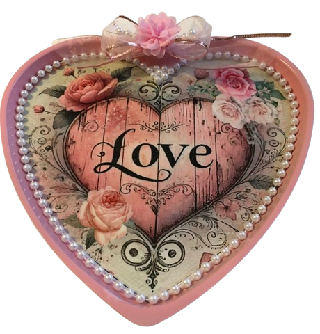 Heart Metal PAN Farmhouse Country Wall Art LOVE AND PINK ROSES Handmade Gift Idea Crafters Delight - JAMsCraftCloset