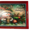 TRAY RED METAL Rectangle Decoupaged Hand Painted Upcycled Repurposed Wall Art HAPPY HOLIDAYS - Snowman Christmas Decoration Home Decor Shelf Sitter Gift - JAMsCraftCloset