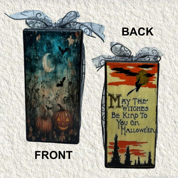 GLASS RECTANGLE BLOCK Halloween Decor Shelf Sitter Hand Painted Decoupaged PUMPKINS MOON BATS WITCH SAYING - REVERSIBLE Black Gold Dot Bow Gift Idea - JAMsCraftCloset