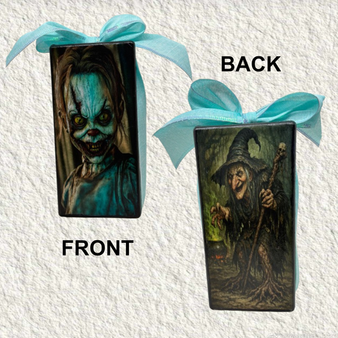 GLASS RECTANGLE BLOCK Halloween Decor Shelf Sitter Hand Painted Decoupaged BLUE WITCH - ROOT WITCH - REVERSIBLE Aqua Bow Gift Idea - JAMsCraftCloset