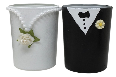 Glass SMALL SHOT GLASSES Decoupaged BRIDE AND GROOMS Wedding Decor Shelf Sitter Shabby Chic Victorian BoHo Decor Gift Idea