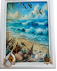Framed Decoupage On Glass - Beach Coastal Theme - Shells Seagulls Waves - Wall Art Handmade Home Decor {{ JAMsCraftCloset }}