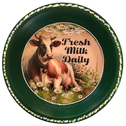 Pie Pan Forrest Green FRESH MILK DAILY Farmhouse Country Cow Wall Art Handmade Hand Painted Repurposed Upcycled Gift Idea Crafters Delight {{ JAMsCraftCloset }}